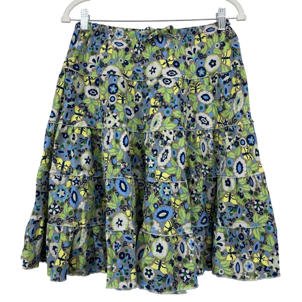 LL Bean Size L / 12‎ Floral Butterfly Corduroy Tiered Ruffle Skirt Blue Green - Picture 2 of 7